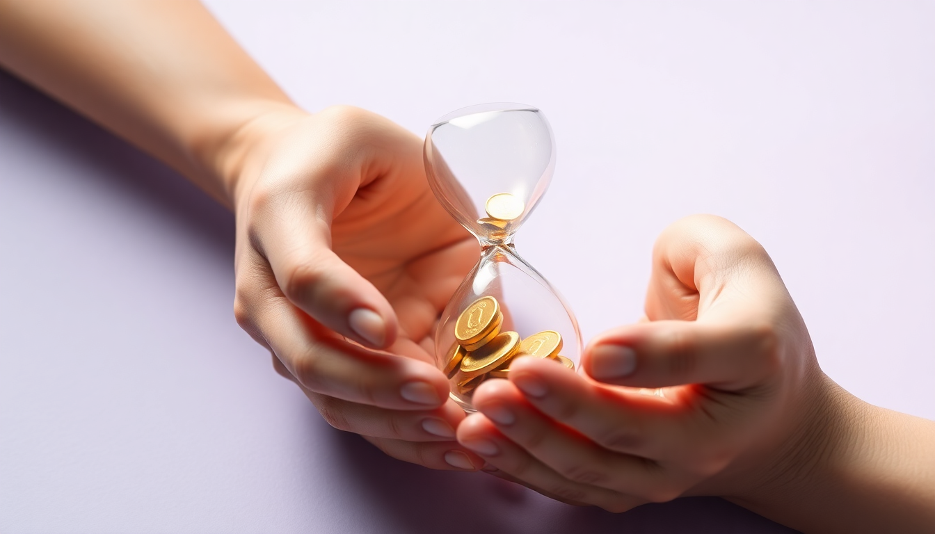 2054년 이후 연금 안전성을 나타내는, 두 손이 빛나는 모래시계를 감싸고 있는 모습으로 연금 지급 보장과 부과 방식 전환을 표현