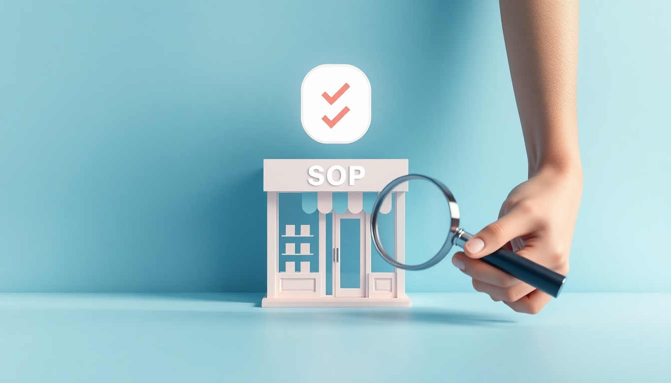 2026 명절지원금 대상인 소상공인 사업자의 자격 요건을 점검하는 장면, 손으로 돋보기를 들고 가게 간판을 살펴보는 모습