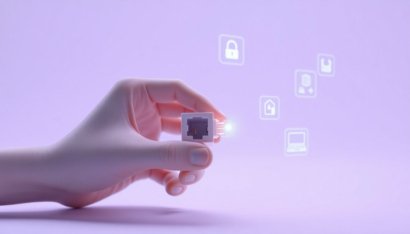 비밀번호 변경 후 발생하는 로그인 오류 문제 해결을 위한 네트워크 재연결과 캐시, 서버 지연, 입력 오류를 상징하는 아이콘들이 떠 있는 가운데 네트워크 케이블을 재연결하는 손의 부드러운 3D 이미지를 매트한 플라스틱 질감으로 표현한 모습