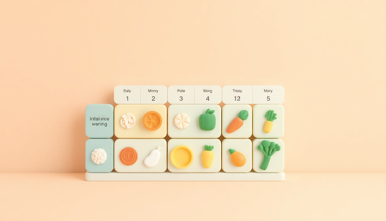 초기이유식 추천 식단의 주요 재료들을 클레이 질감의 부드러운 3D 블록으로 표현한 미니멀한 구성