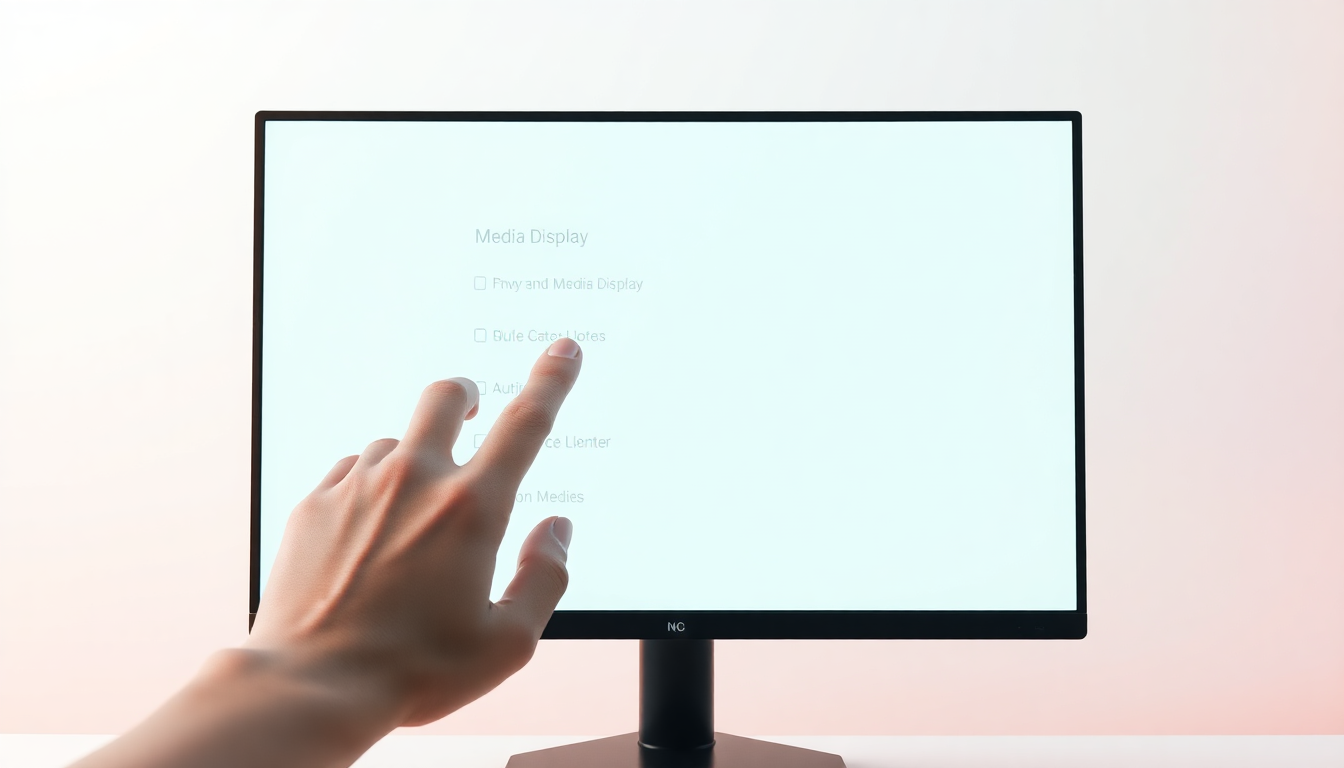 PC 환경에서 민감한 콘텐츠 설정 해제를 위해 미디어 표시와 검색 설정을 클릭하는 손과 컴퓨터 모니터를 부드러운 3D 매트 플라스틱 질감으로 표현한 이미지