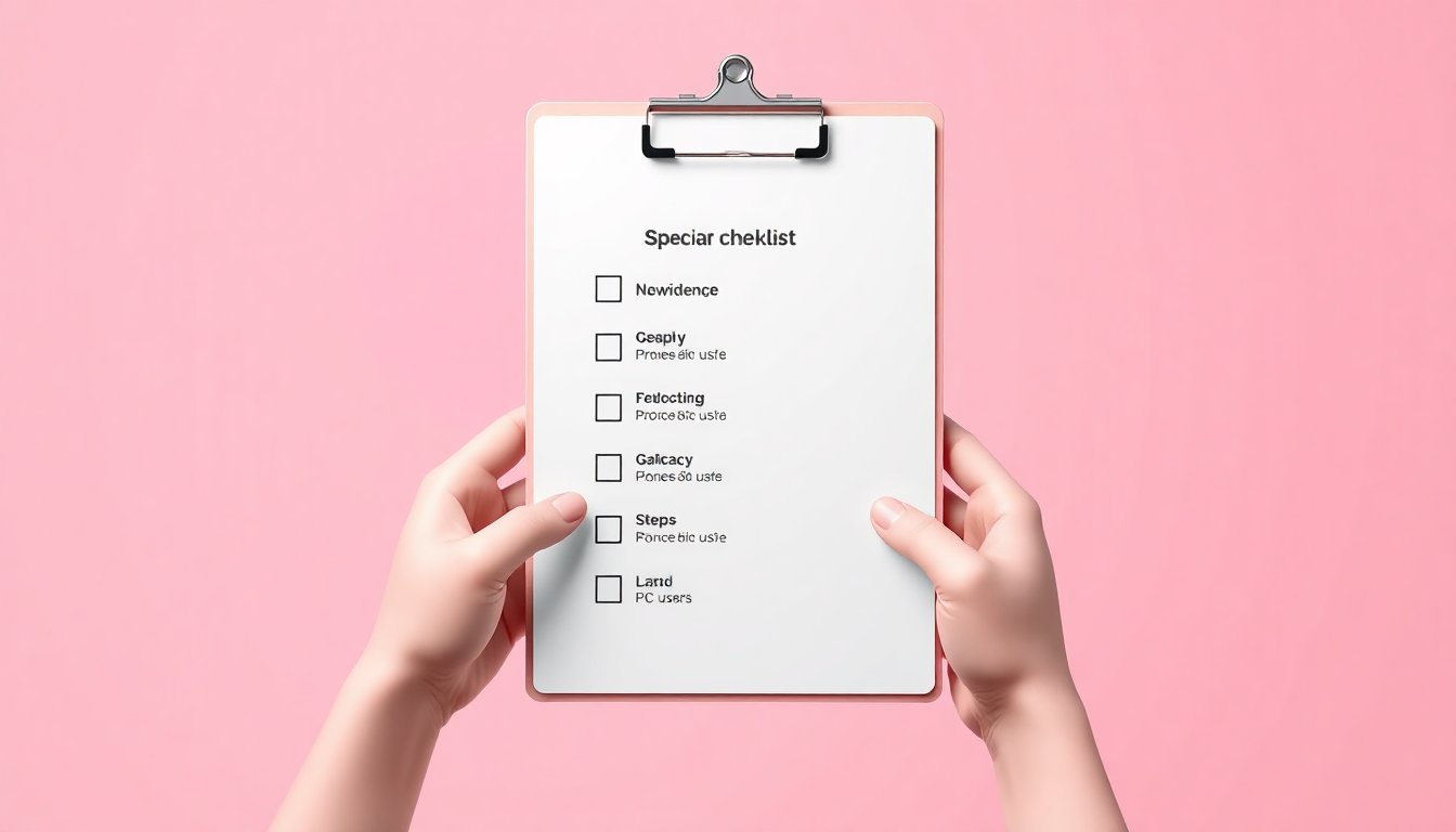 아이폰, 갤럭시, PC 등 기기별 설정 체크리스트를 쥐고 있는 손들이 있는 깔끔한 3D 클레이 오브젝트