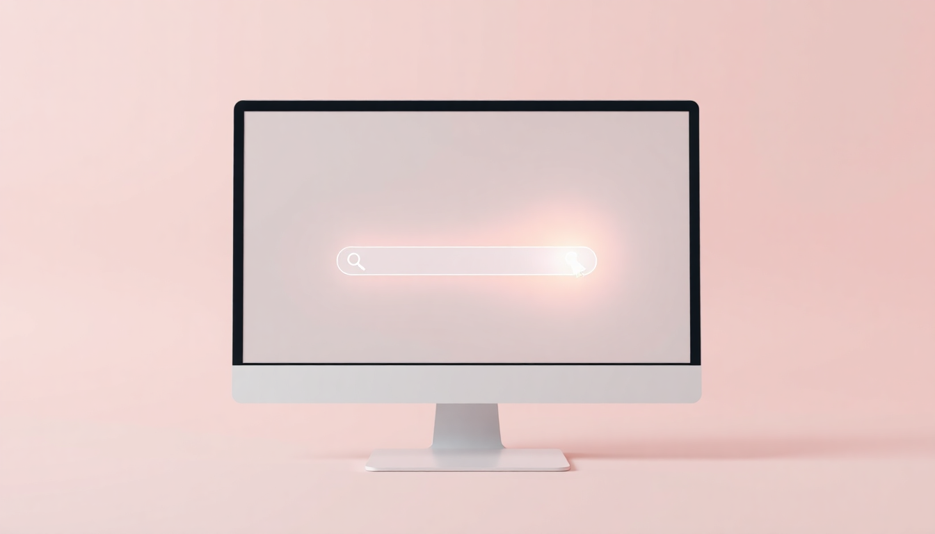 PC 버전 검색 설정법: 검색창에 빛나는 커서가 있는 간소화된 검색 인터페이스를 보여주는 데스크탑 컴퓨터 화면 3D 점토 모델