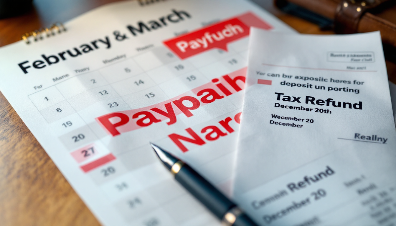 연말정산 환급금이 입금되는 시기를 나타낸 달력과 은행 명세서 이미지