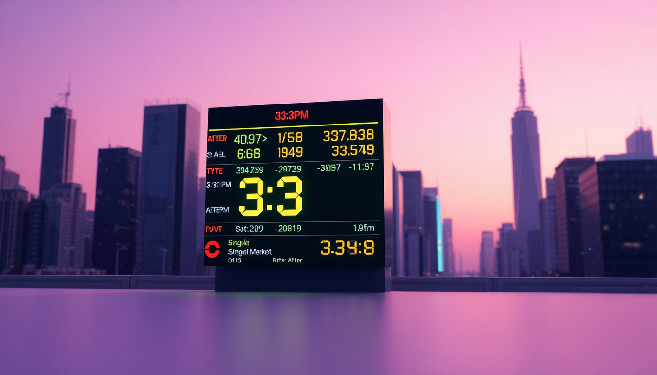 퇴근길 틈새 매매를 보여주는 주식 시세판과 오후 3시 30분 이후 시간 표시를 부드러운 매트 플라스틱 텍스처와 파스텔 퍼플 단색 배경으로 표현한 이미지