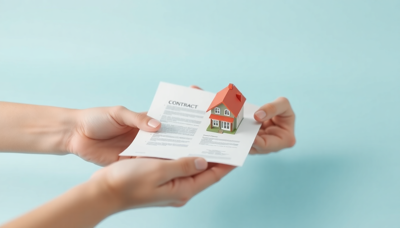 가계약 및 본계약부터 중도금과 잔금 지급까지 아파트 매매 절차 5단계를 상징적으로 보여주는 손과 계약서, 집 미니어처의 3D 클레이 묘사