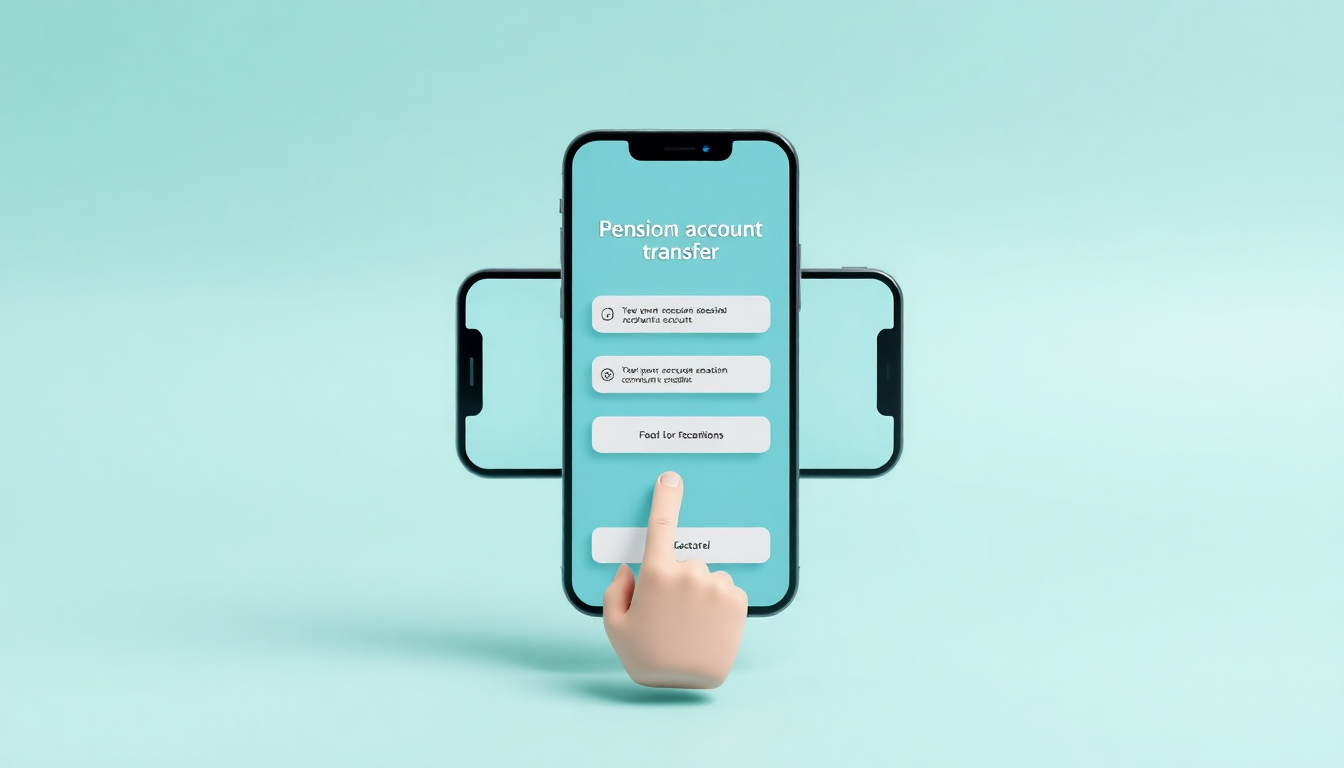 삼성증권 앱으로 타사 연금계좌를 3단계 간편 이전하는 과정을 보여주는 부드러운 3D 클레이 장면, 파스텔 톤 배경 위에 스마트폰 화면과 손가락