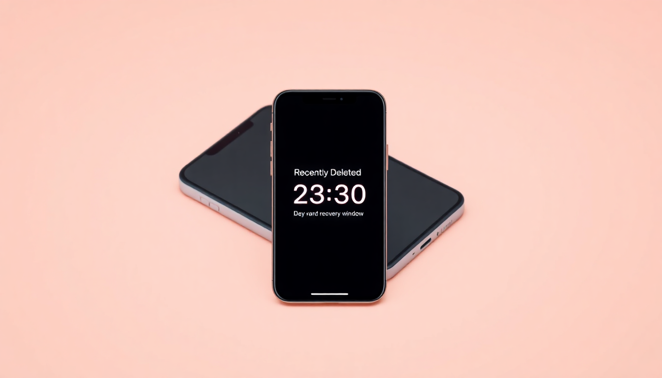 아이폰의 최근 삭제된 사진 앨범과 30일 복구 가능 기간을 나타내는 디지털 시계가 포함된 구체적인 장면