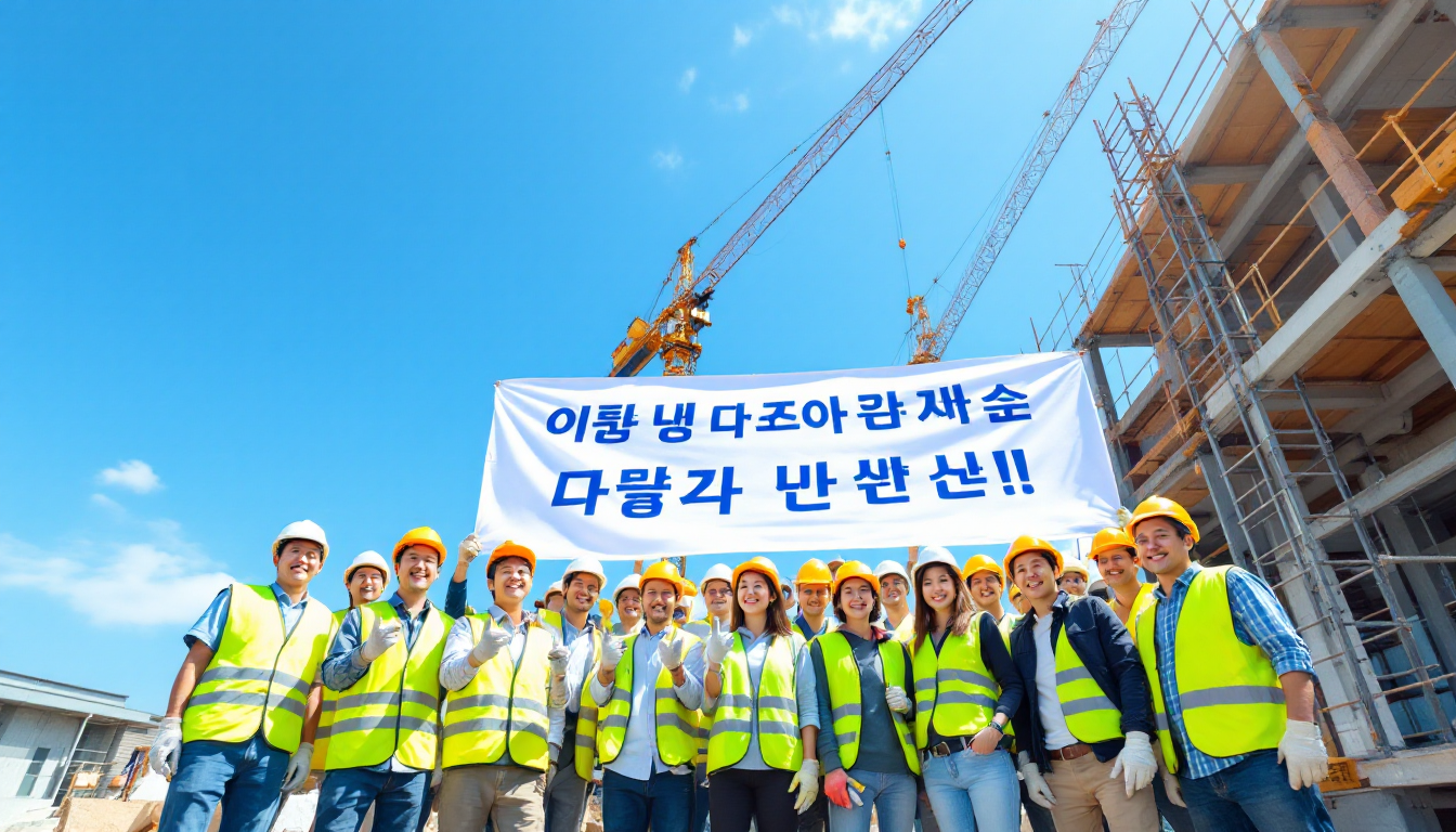 건설 근로자들이 함께 모여 웃으며 더 나은 미래를 준비하는 모습