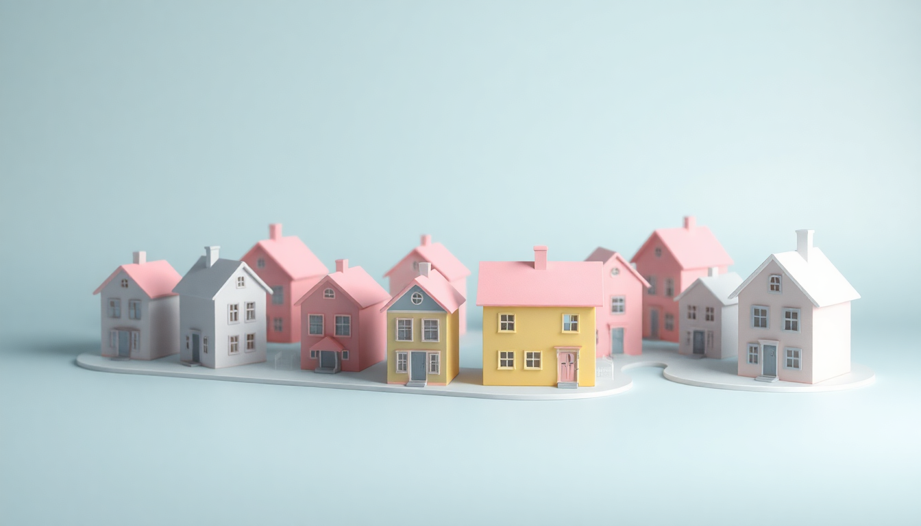 주택 수 산정 제외 조건을 설명하는 마을 모형 안에서 제외되는 주택들이 색깔로 구분되어 표현된 3D 클레이 이미지