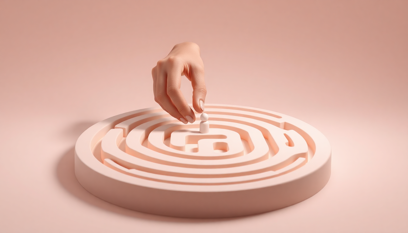 ETF 투자 위험성 관리를 나타내는 복잡한 금융 미로에서 안전한 경로를 따라 마커를 움직이는 손 장면