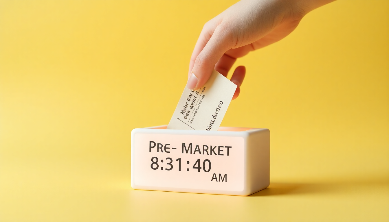 출근길 선점 전략인 오전 8시30분부터 40분까지의 장전 시간외 거래를 상징하는 손과 주문서, 부드러운 클레이 질감과 단색 노란 배경을 사용한 이미지