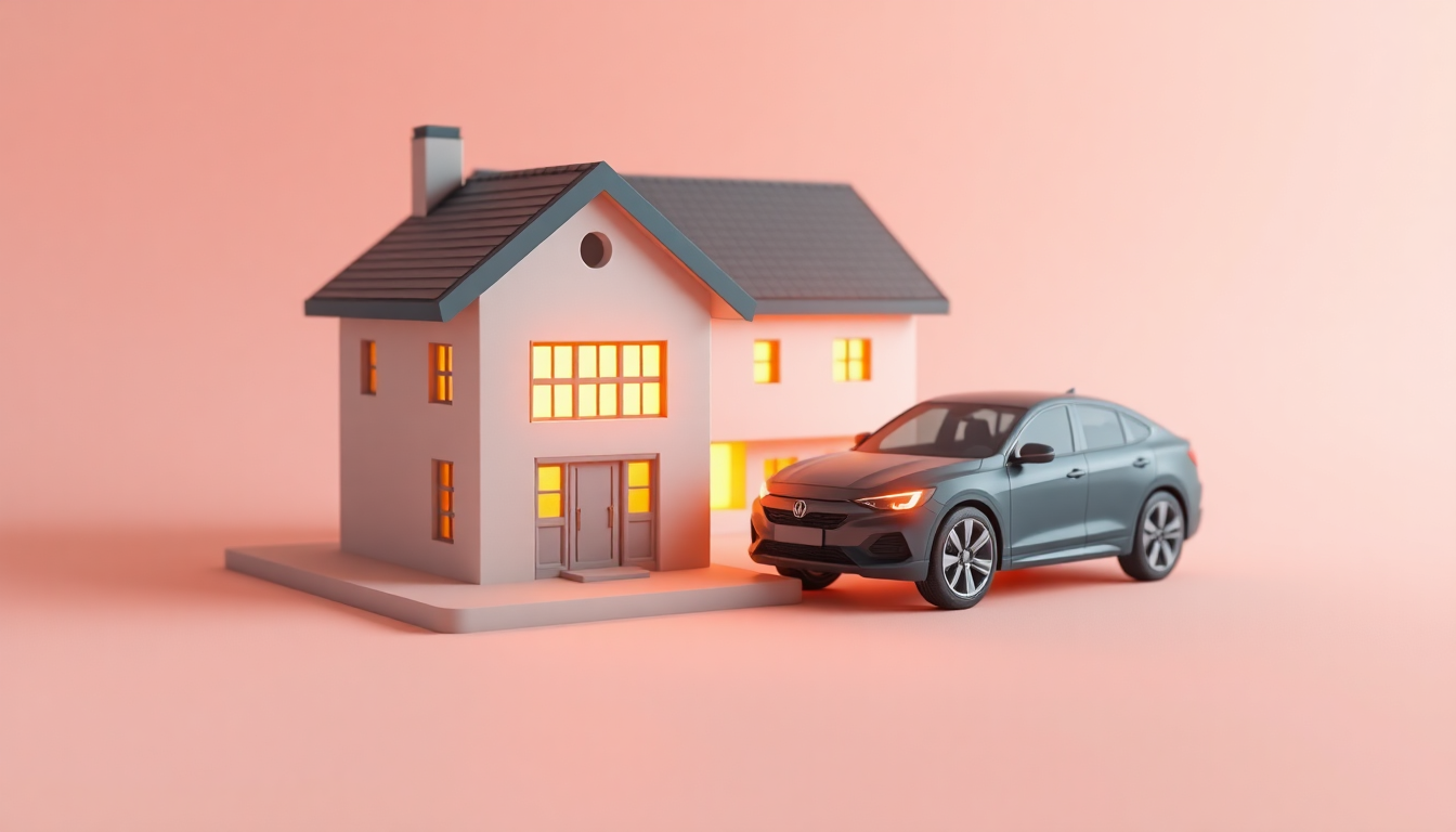 부동산과 자동차 재산 조건을 나타내는 집과 자동차의 3D 클레이 모델과 평가 가치를 보여주는 장면