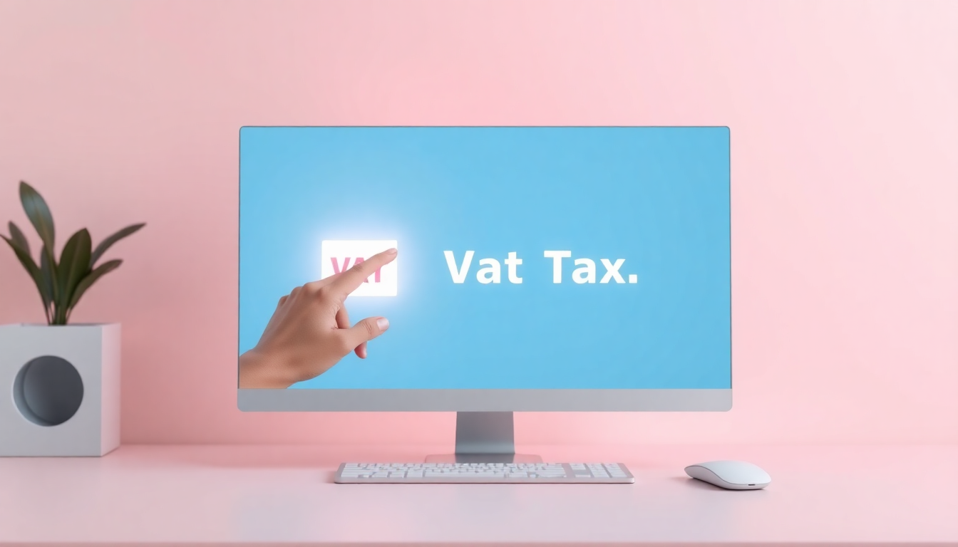 홈택스를 통해 부가가치세 신고를 쉽고 빠르게 제출하는 장면을 컴퓨터 스크린과 손 동작으로 표현한 이미지