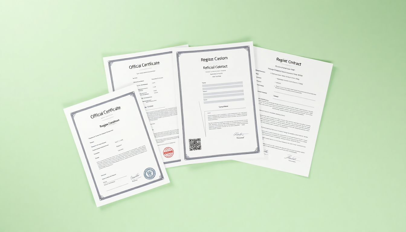 취득세 감면을 위한 서류 준비를 나타내는 여러 공식 서류들의 정돈된 3D 클레이 텍스처 이미지