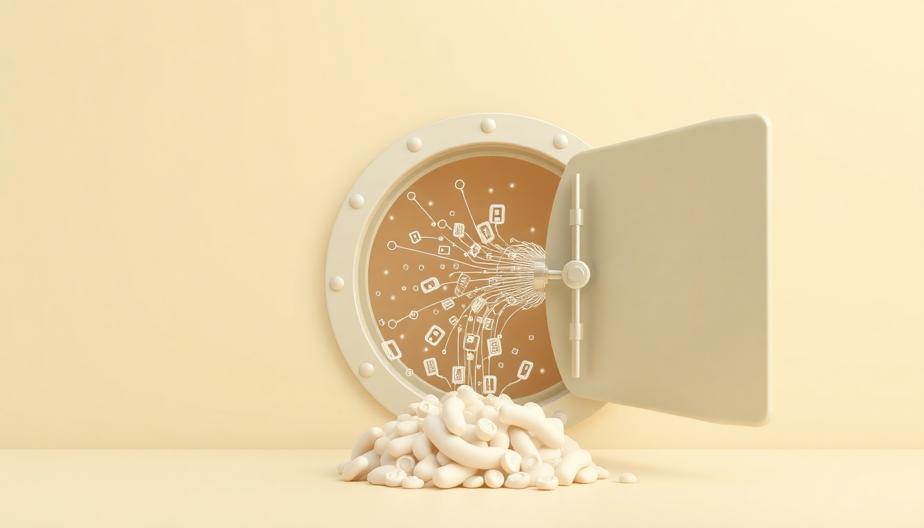 완전한 데이터 삭제와 복구 불가능성을 상징하는 보안 금고 문이 닫히며 디지털 데이터가 사라지는 부드러운 점토 질감 이미지