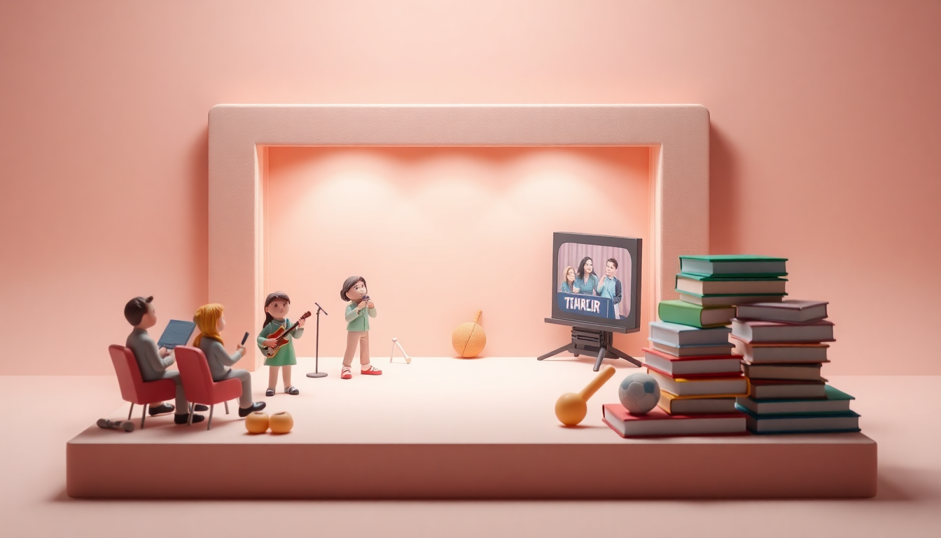 경기컬처패스 사용처와 할인 혜택을 구체적으로 묘사하는 공연, 영화, 도서, 스포츠 및 액티비티 테마를 가진 클레이 미니어처 장면