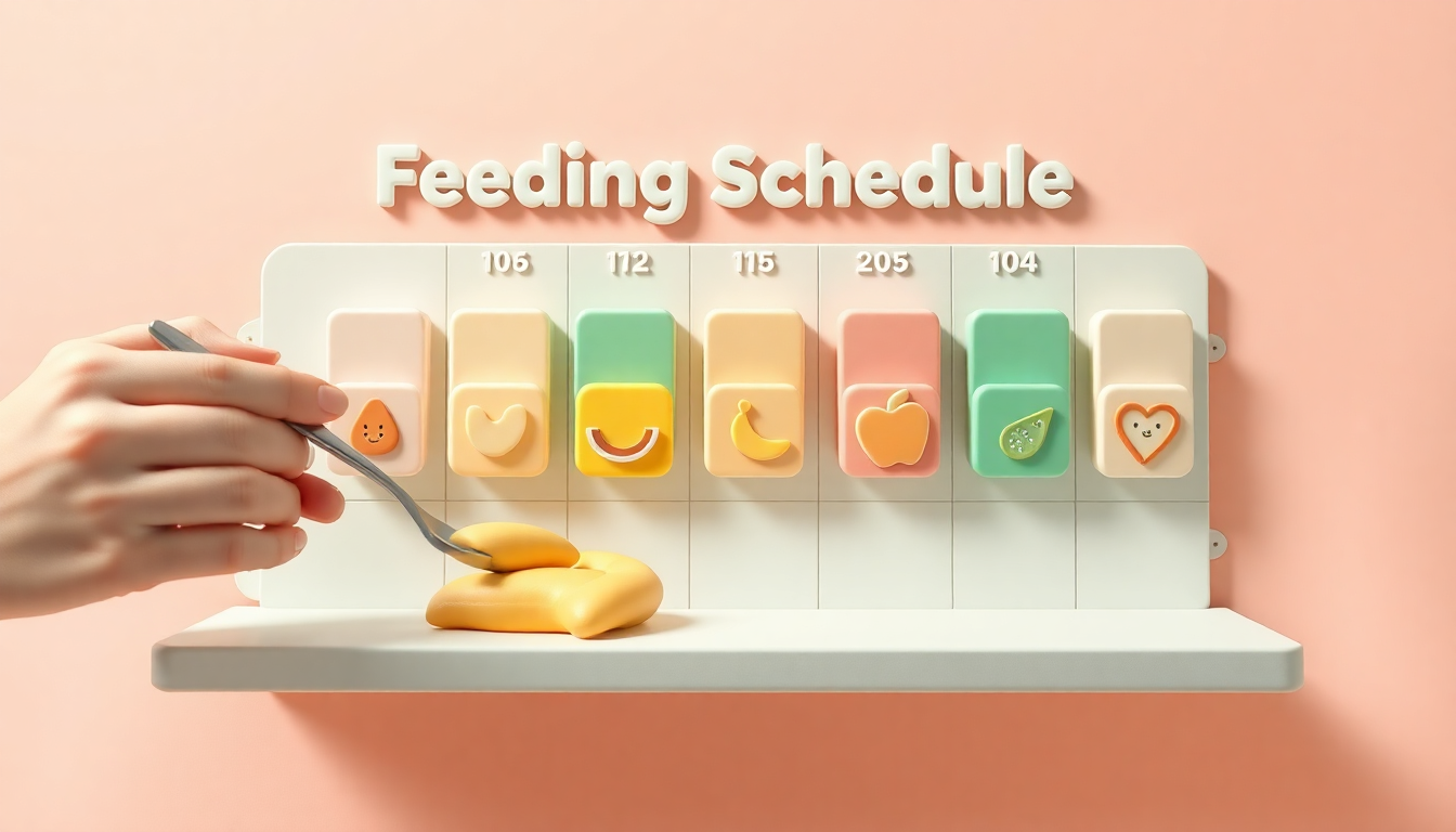 단계별 초기이유식 순서와 양을 아기의 적응에 맞춰 조절하는 과정을 손의 동작과 함께 부드러운 3D 클레이 스타일로 표현한 장면