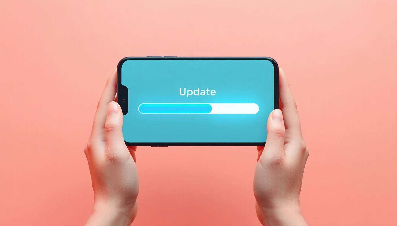 앱 버전 업데이트가 진행 중인 상태를 보여주는 진보 바와 두 손을 표현한 부드럽고 세련된 3D 클레이 이미지