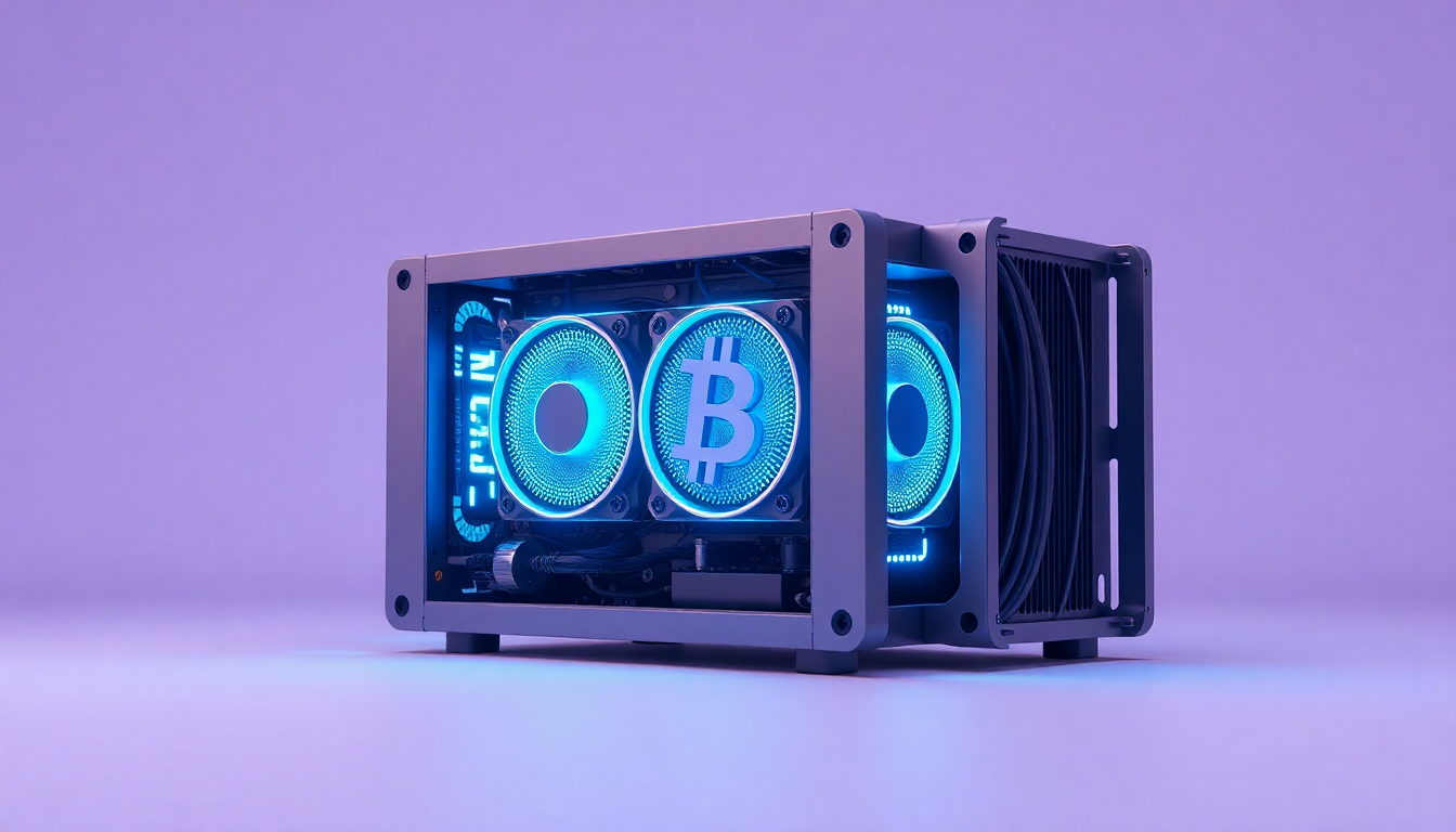 전문 ASIC 채굴 장비를 클레이 질감으로 표현하고 파스텔 라벤더 배경에 배치한 이미지