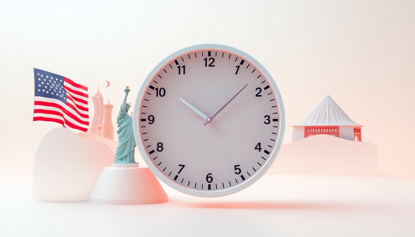 해외주식 요일별 거래 시간을 세계 각국의 상징적 랜드마크와 시계가 어우러진 부드러운 3D 렌더링 이미지로 표현하여, 시차와 거래 시간을 직관적으로 보여줌