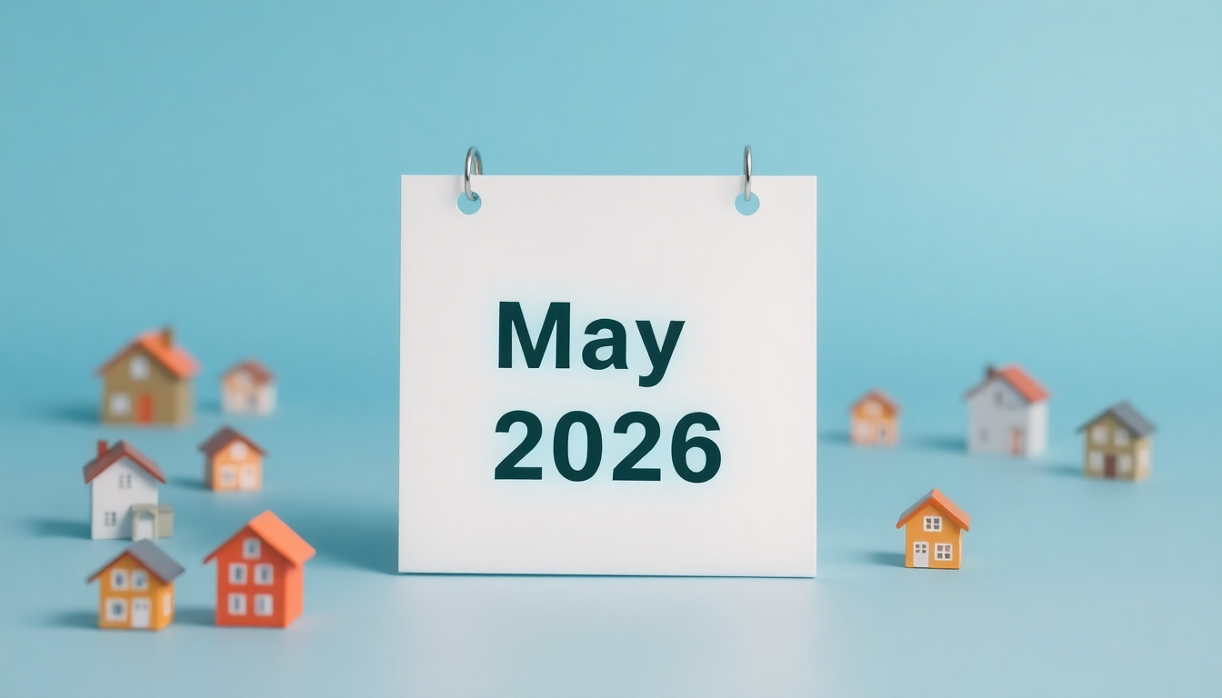 2026년 5월 다주택자 양도세 중과 유예 종료 시점을 상징하는 달력과 그 주변에 점점 흐려지는 집들이 배치된 장면