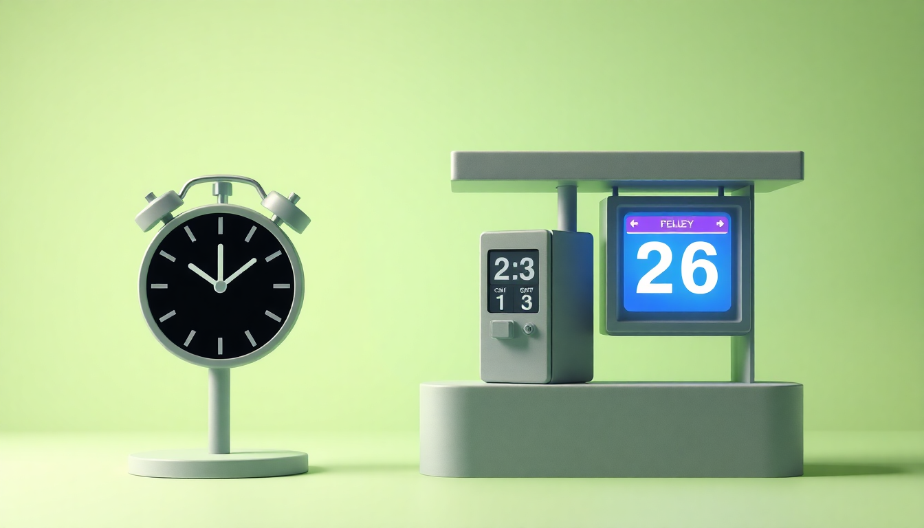 미납요금 조회가 늦어지는 데이터 반영 지연과 주말 및 공휴일의 시간을 상징하는 고속도로 요금소와 시계, 달력을 클레이 질감으로 표현한 장면