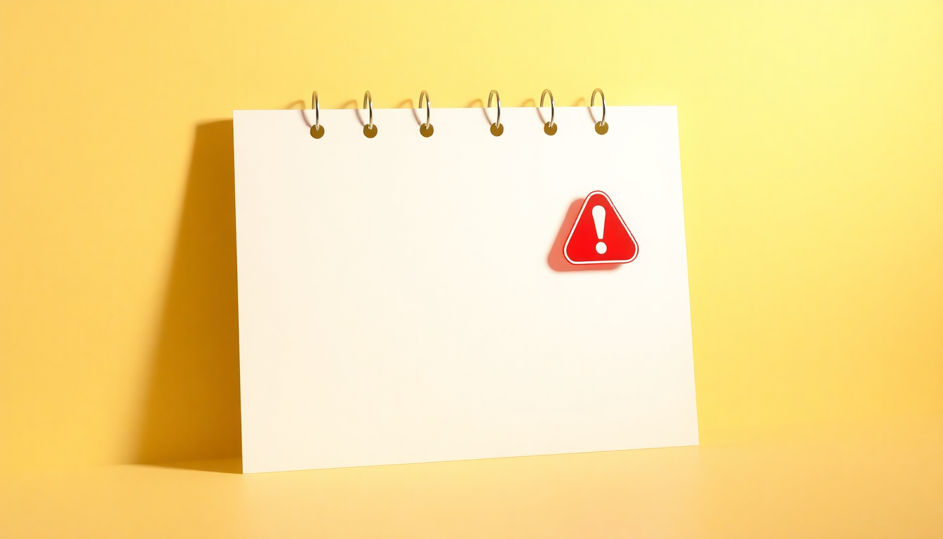 예산 조기 마감 주의를 알리는 캘린더 페이지가 빨간 경고 아이콘과 함께 빠르게 넘겨지는 모습을 클레이 질감과 단색 배경으로 표현