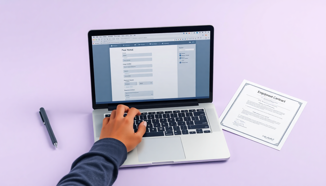 3단계 온라인 신청 가이드를 보여주는 노트북과 서류가 함께 배치된 3D 이미지