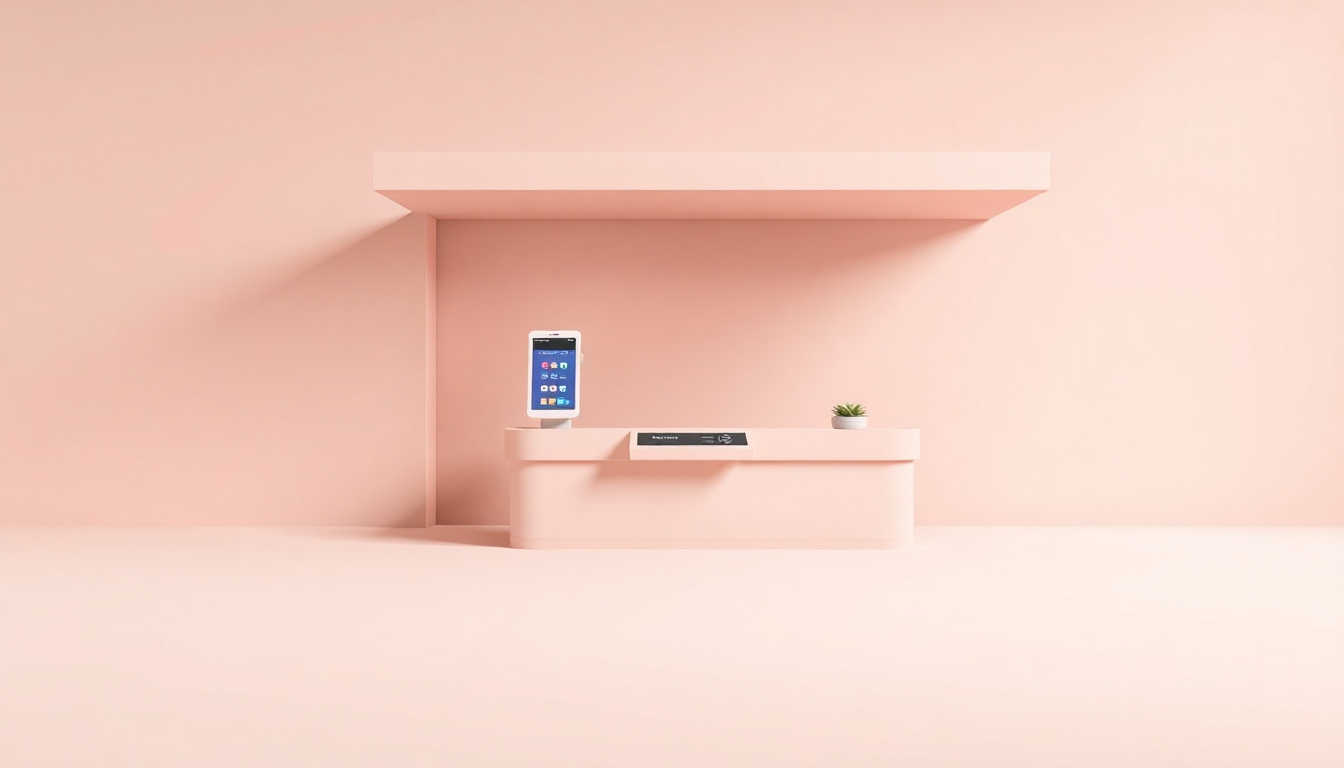 은행 창구 없는 디지털 터치스크린 키오스크와 다양한 은행 아이콘이 있는 부드러운 클레이 3D 이미지