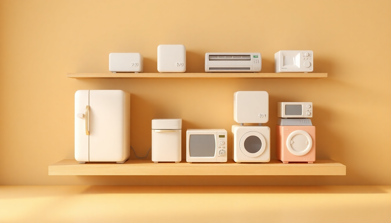 품목별 환급액 상세를 각 가전제품 미니어처가 진열된 선반과 각기 다른 퍼센트 라벨이 떠있는 장면으로 부드러운 3D 및 단색 배경으로 표현