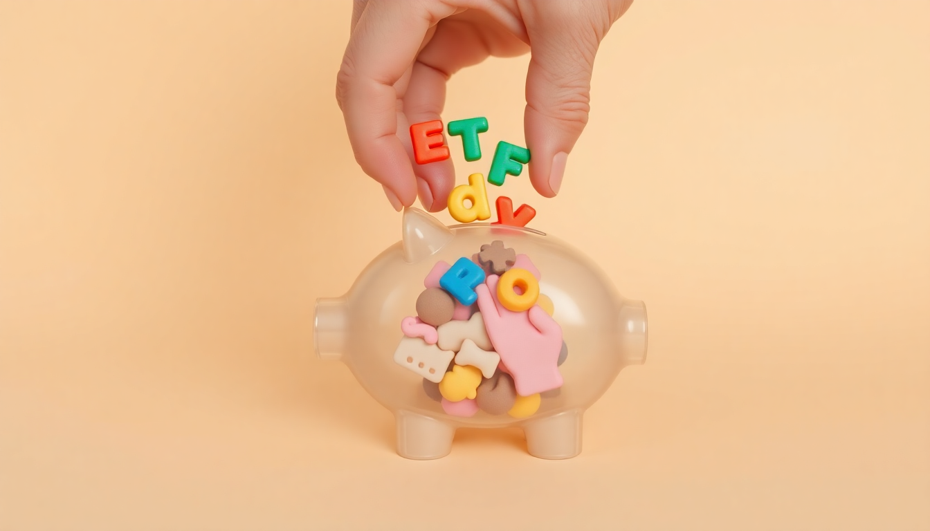 초보자 ETF 투자 시작법을 나타내는 유명 기업 클레이 주식 조각을 ETF 펀드 용기에 넣는 손 장면