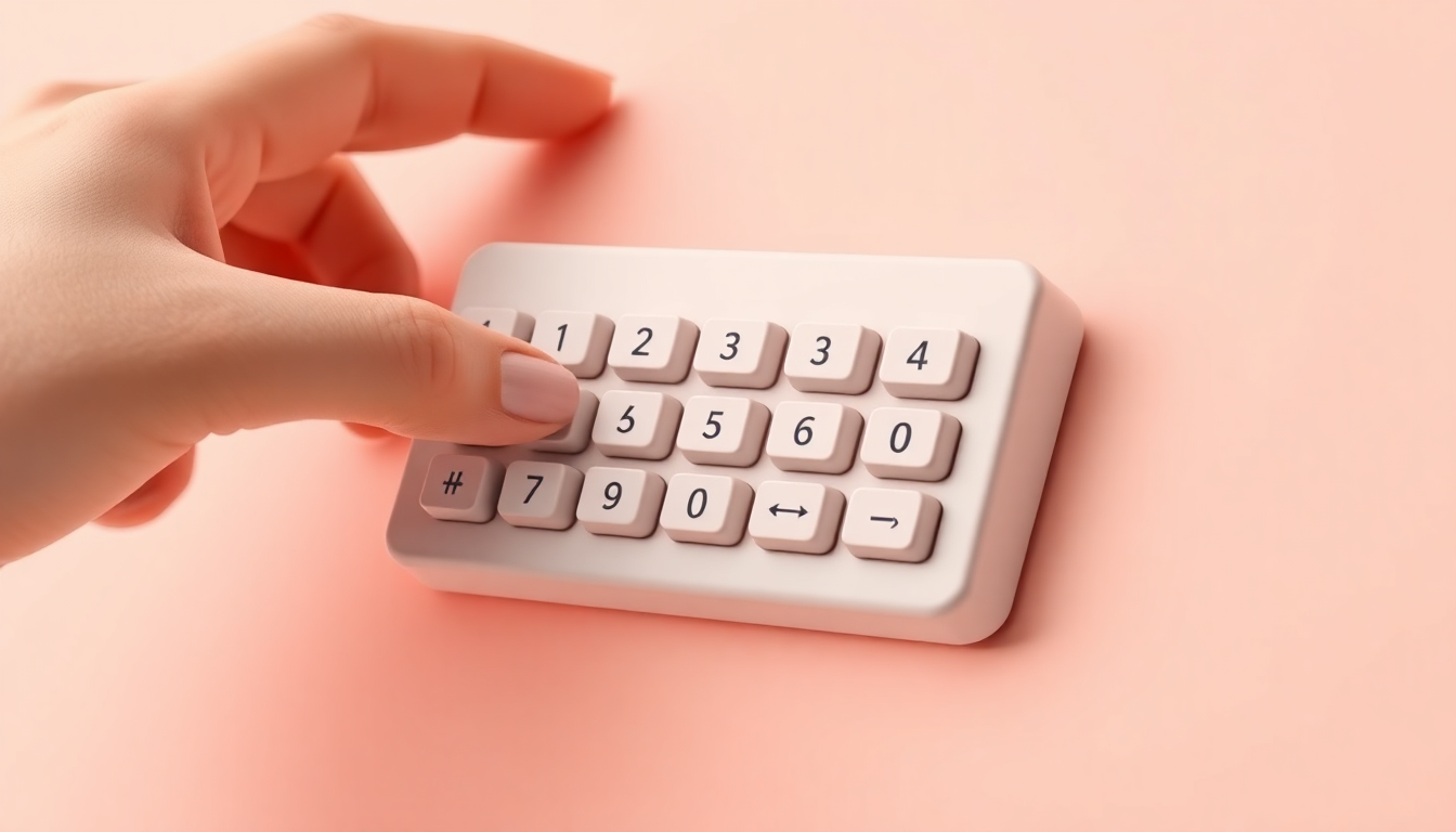 항공편명 입력을 위해 손이 숫자 키패드를 누르는 모습을 부드러운 점토 질감과 매트 플라스틱 마감으로 표현한 이미지