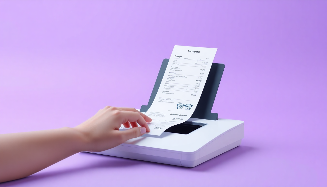 미니멀한 공간에서 세금 환급을 위한 기부금 영수증, 안경 구입 영수증 등 다양한 서류를 세련된 평판 스캐너로 스캔하고 업로드하는 손 모습의 부드러운 3D 클레이 질감 이미지
