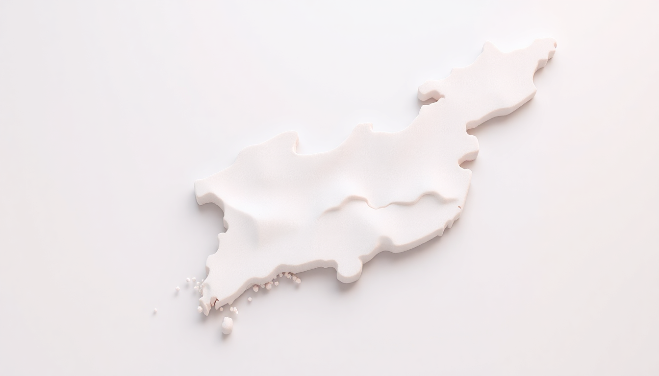 전국 단위 검색의 필요성: 광활한 대한민국 지도 위에 펼쳐진 3D 점토 그물로 전국 검색 범위를 상징하는 부드러운 3D 렌더링 장면