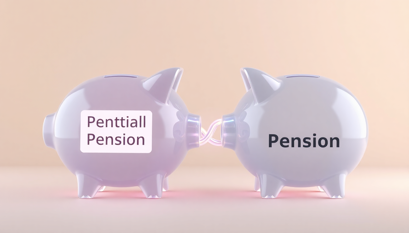 국민연금과 기초연금 동시 수령 가능성과 연계 감액을 상징하는 두 개의 반투명 돼지저금통이 빛나는 연결고리로 이어진 부드러운 3D 렌더링