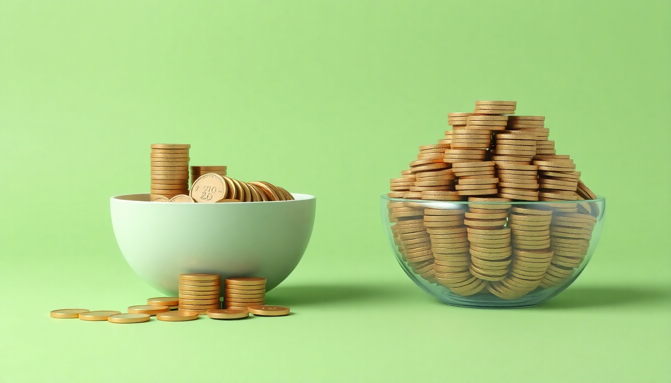 IRP 퇴직연금의 수령방법을 나누어 받는 연금과 일시금 수령의 장단점을 대비하여 보여주는 두 개의 동전 그릇을 클레이 질감으로 표현한 이미지