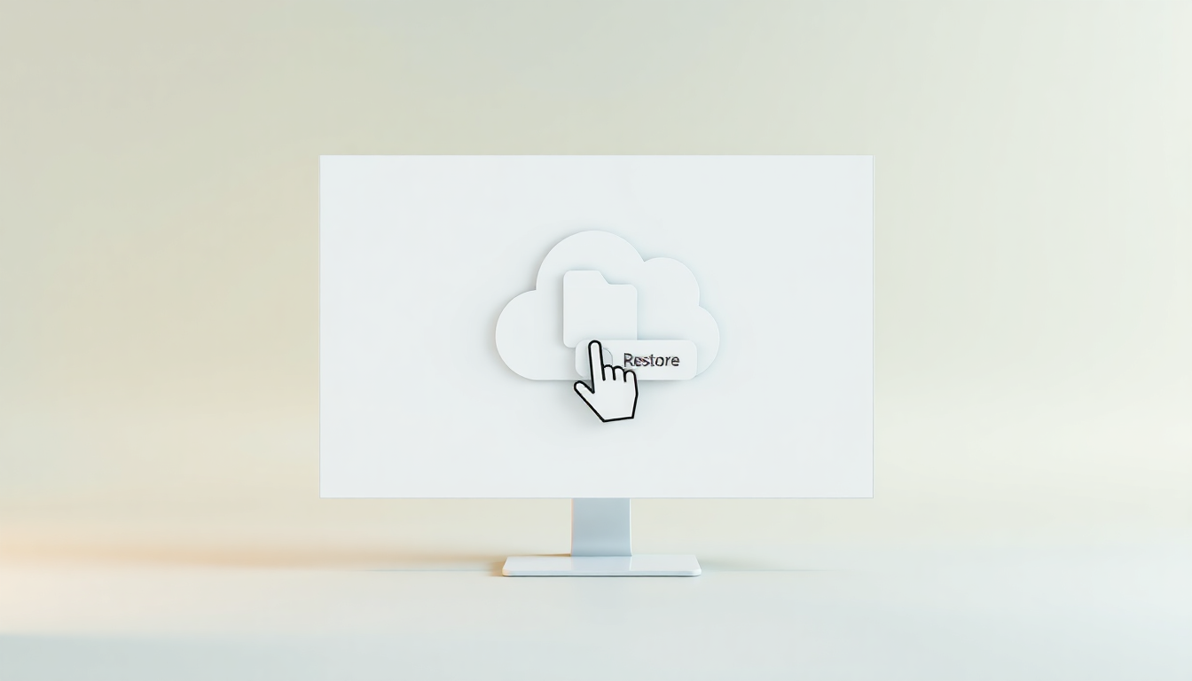 OneDrive 웹과 휴지통에서 사라진 파일들을 복구하는 과정을 나타내는 손과 클라우드 저장 폴더의 미니멀리스트 3D 일러스트레이션