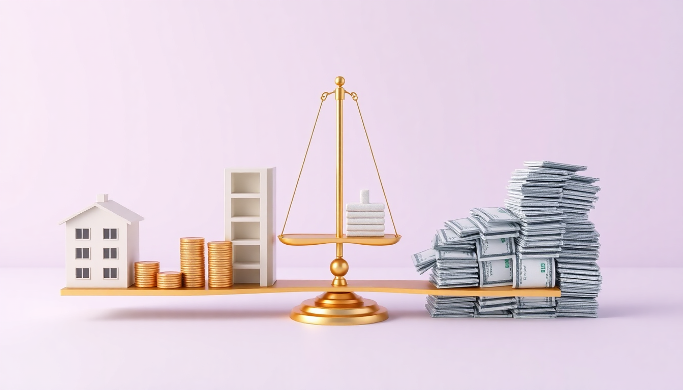 2026년 양도세 유예 전후 절세 시뮬레이션을 시각화하기 위해 아파트 모형이 반으로 나뉘어 한쪽에는 많은 동전 더미, 다른 쪽에는 늘어나는 세금 고지서 더미를 균형 잡는 황금 저울이 있는 깨끗한 3D 매트 플라스틱 비주얼라이제이션