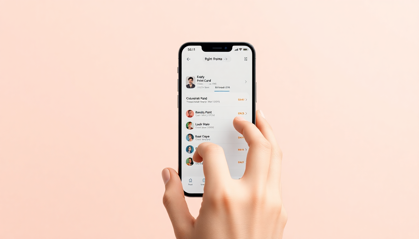 문화복지카드 잔액 조회를 스마트폰 앱에서 부드러운 3D 클레이 질감으로 손이 상호작용하는 장면
