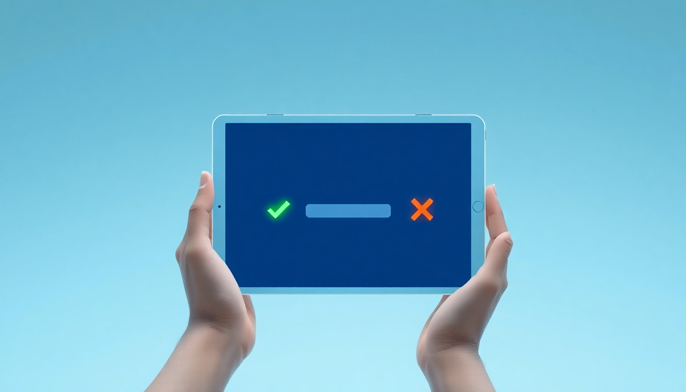 로그인 가능 상태와 로그인 불가 상태를 구분하는 디지털 기기를 손으로 들고 있는 모습을 클레이 질감의 부드러운 3D 렌더링으로 표현한 이미지