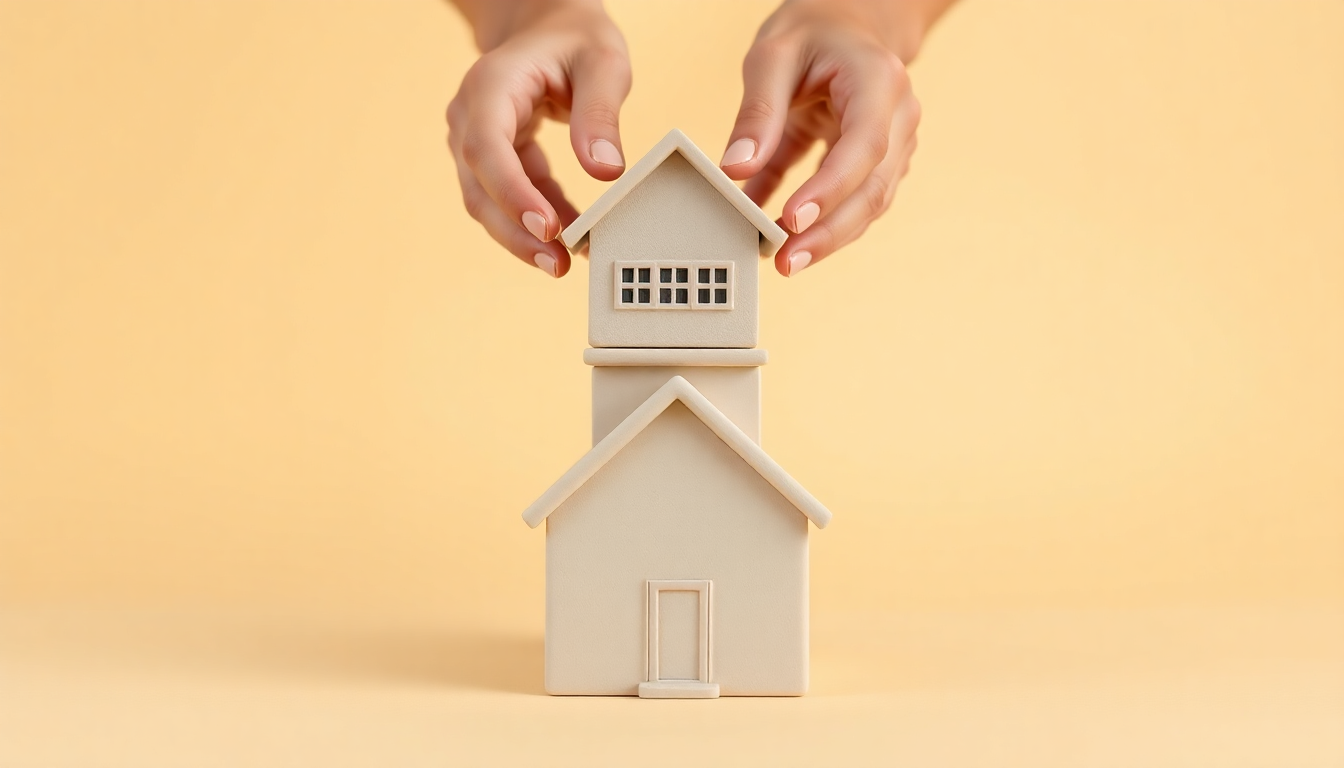 1주택자부터 3주택자 이상까지 주택 수에 따라 세금 부담이 증가하는 것을 나타내기 위해 두 번째와 세 번째 집을 조심스레 쌓아 올리는 손이 있는 계단식 주택 모양 3D 클레이 조각상