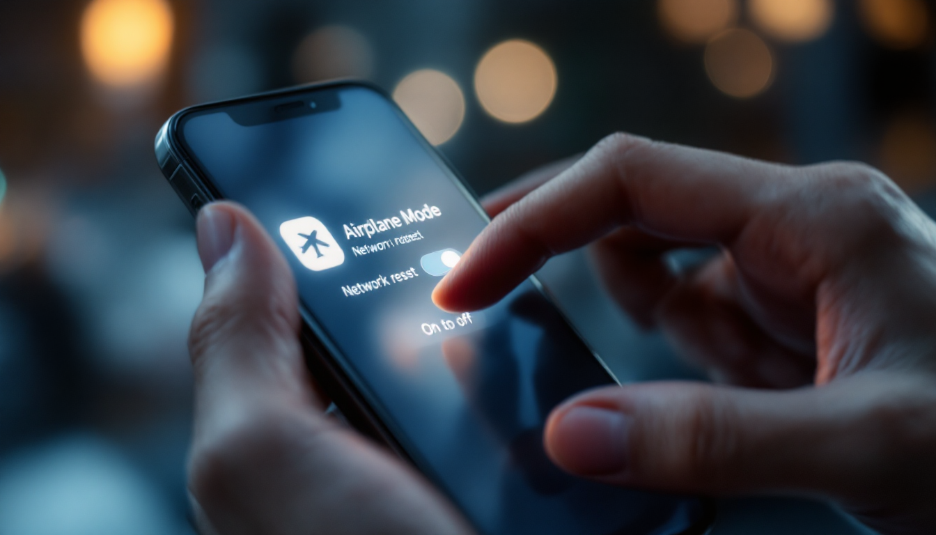 휴대폰에서 비행기 모드를 켜고 끄며 네트워크를 초기화하는 모습