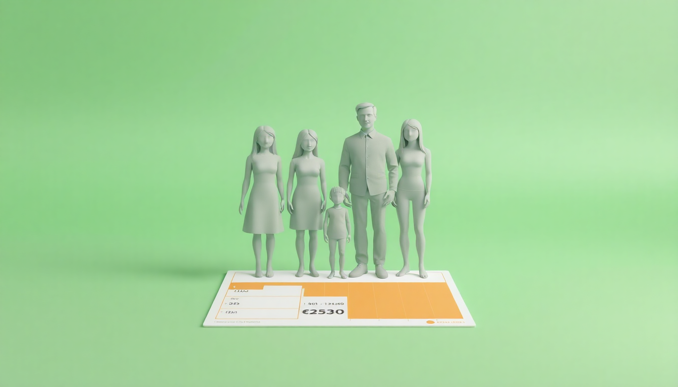 자격 조건 및 소득 기준을 나타내는 가족 실루엣과 소득 기준 레이어를 가진 부드러운 3D 클레이 장면