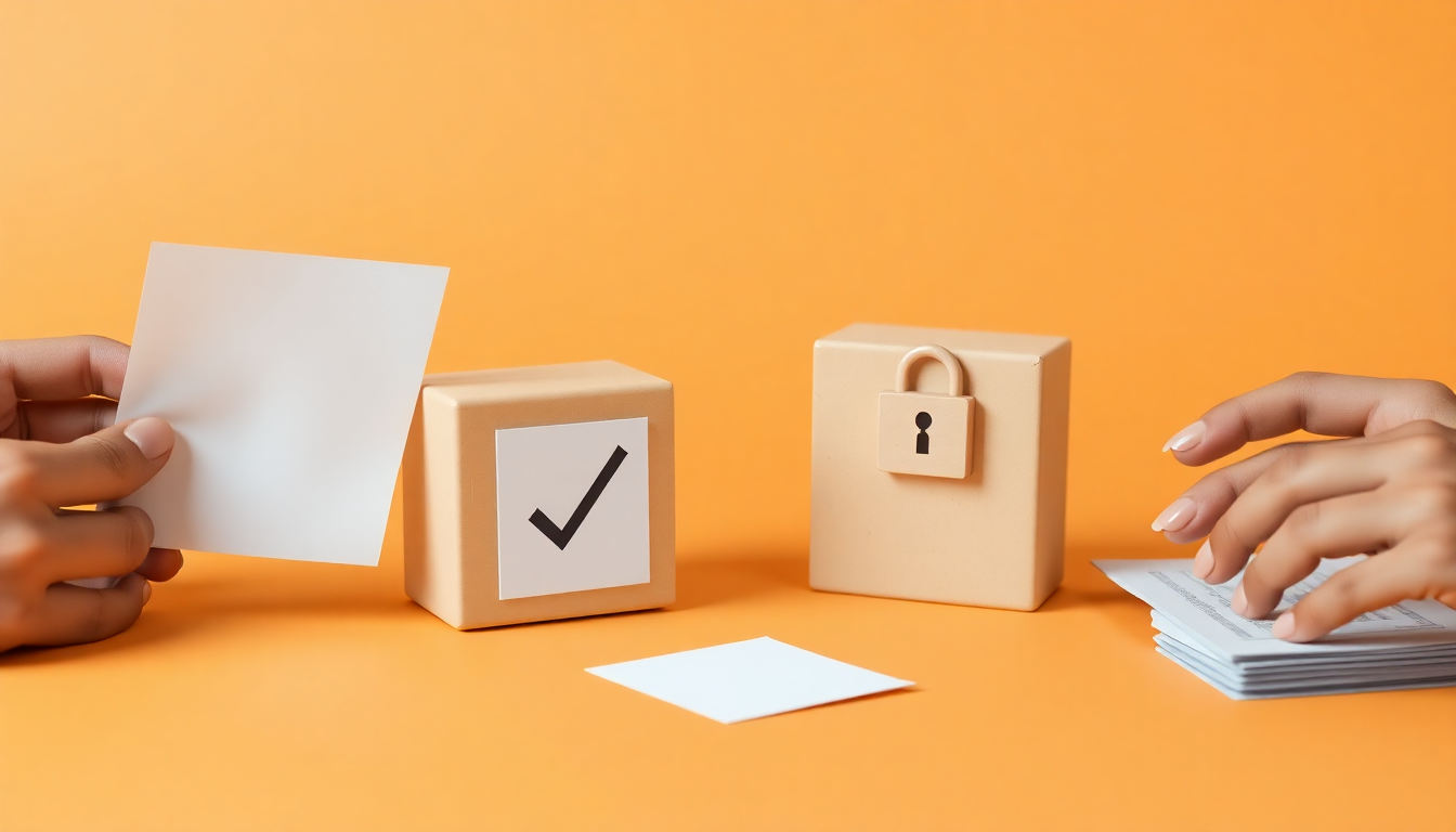 중복 수급 불가를 주의하는 신청자 검증과 체크리스트를 나타내는 자물쇠 달린 두 개의 클레이 상자와 서류를 확인하는 손의 부드러운 3D 렌더링