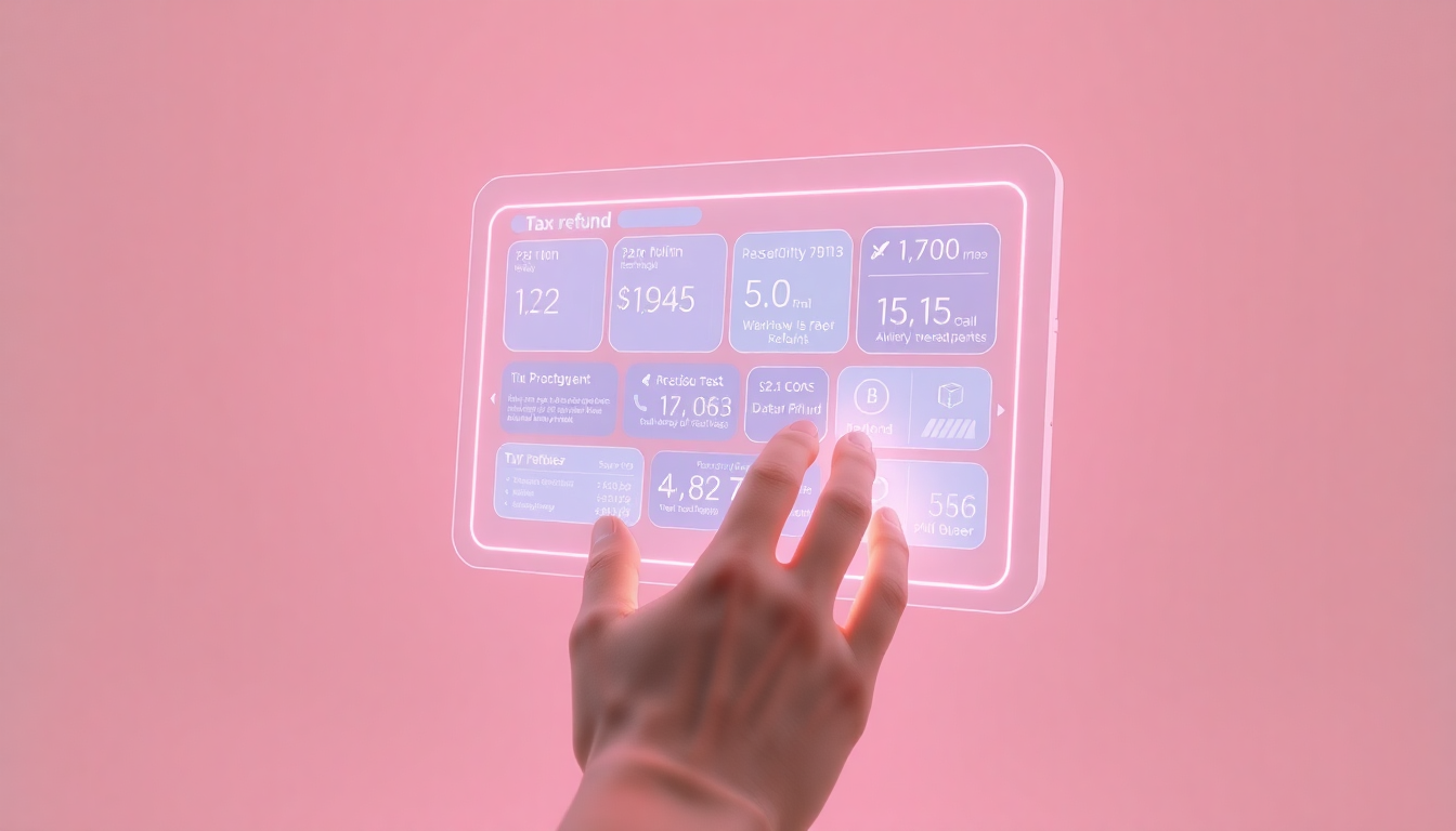 연말정산 환급일 조회법을 상징하는 파스텔톤 3D 터치스크린 장치와 데이터를 탐색하는 손을 묘사한 이미지