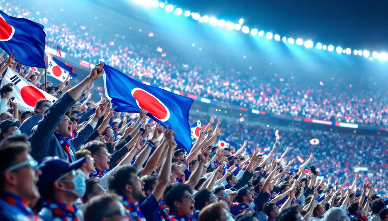 뜨거운 응원을 보내는 한국 축구 팬들의 경기장 풍경