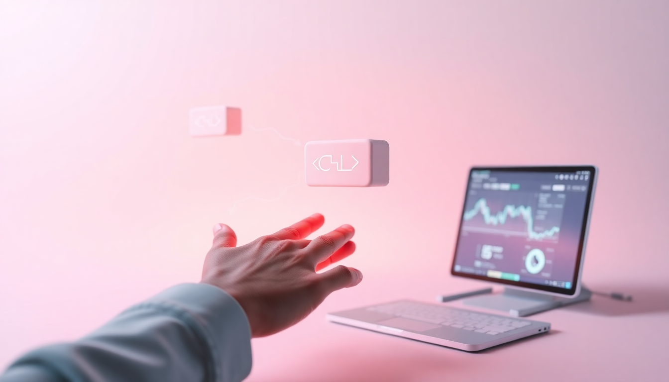 퀀트 트레이더가 알고리즘과 소통하며 코딩하는 모습을 부드러운 클레이 질감의 코드 블록과 컴퓨터 장비로 표현한 이미지