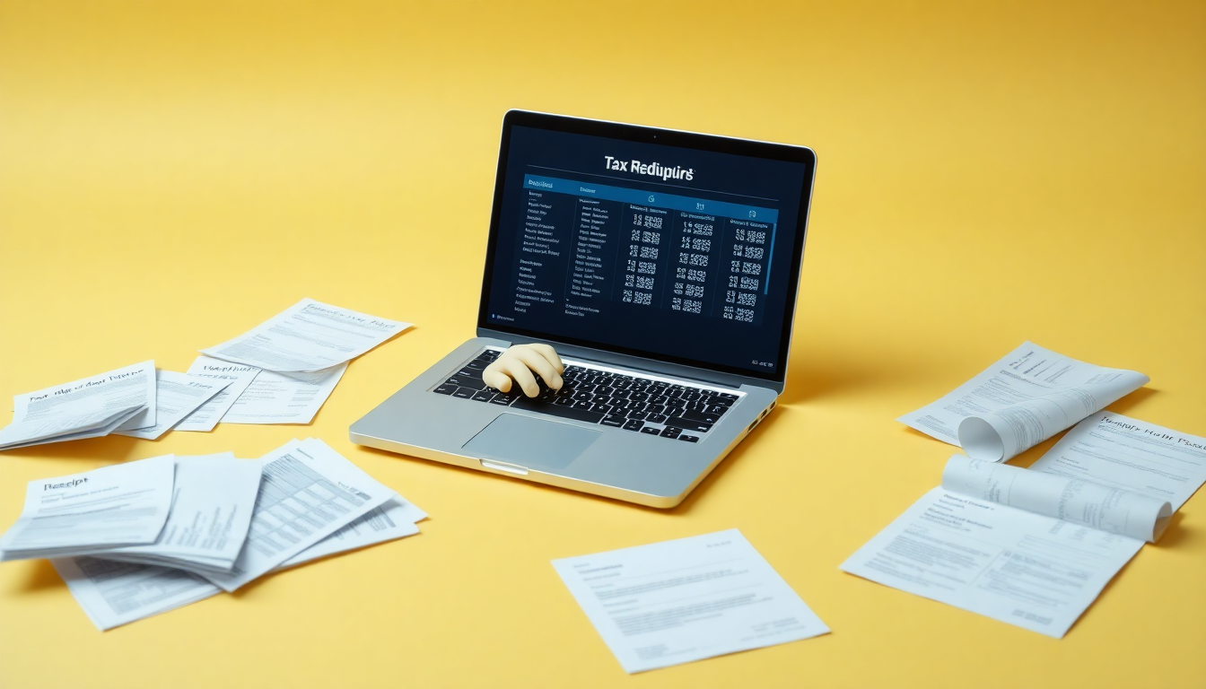 세금 환급금 조회를 위해 세금 공제 서류와 영수증 등을 준비하고 꼼꼼하게 입력하는 손과 노트북 장면
