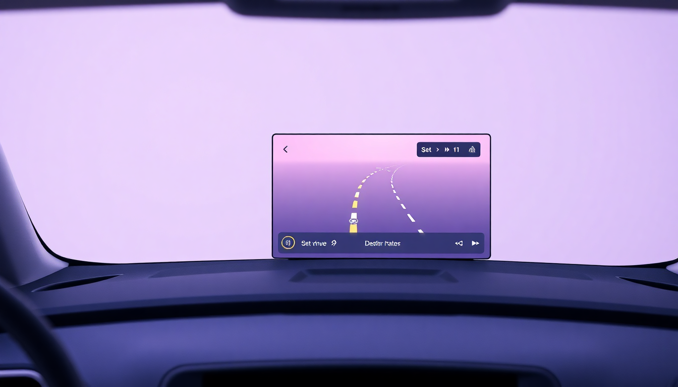 내비게이션 화면에 목적지가 설정된 경로가 부드럽게 빛나는 모습의 미니멀리스트 3D 렌더링 이미지